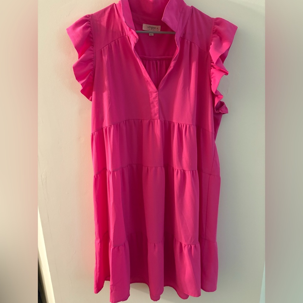 Umgee Hot Pink Ruffle Sleeve Midi Dress
